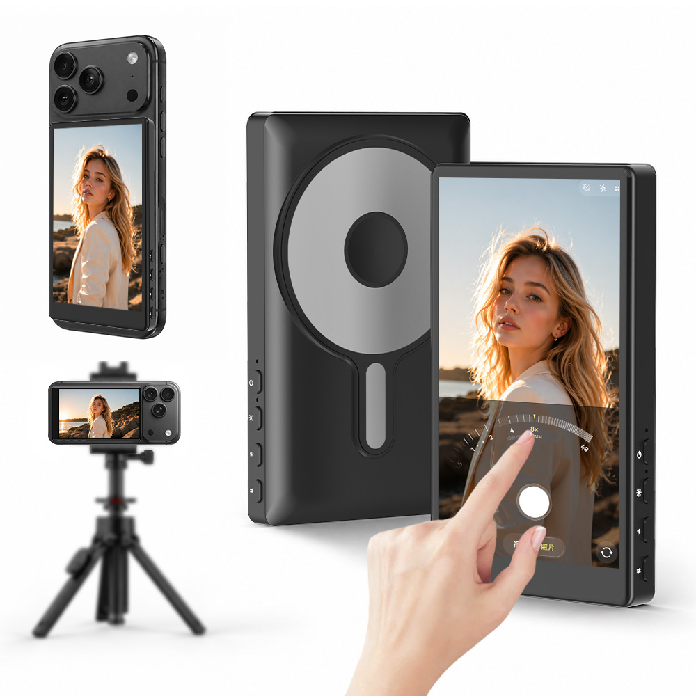 Monitor Stand - iPhone/Android対応のVlog自撮りモニタースクリーン、スピーカー付きマグネット式バックカメラモニター、携帯電話の逆操作に対応